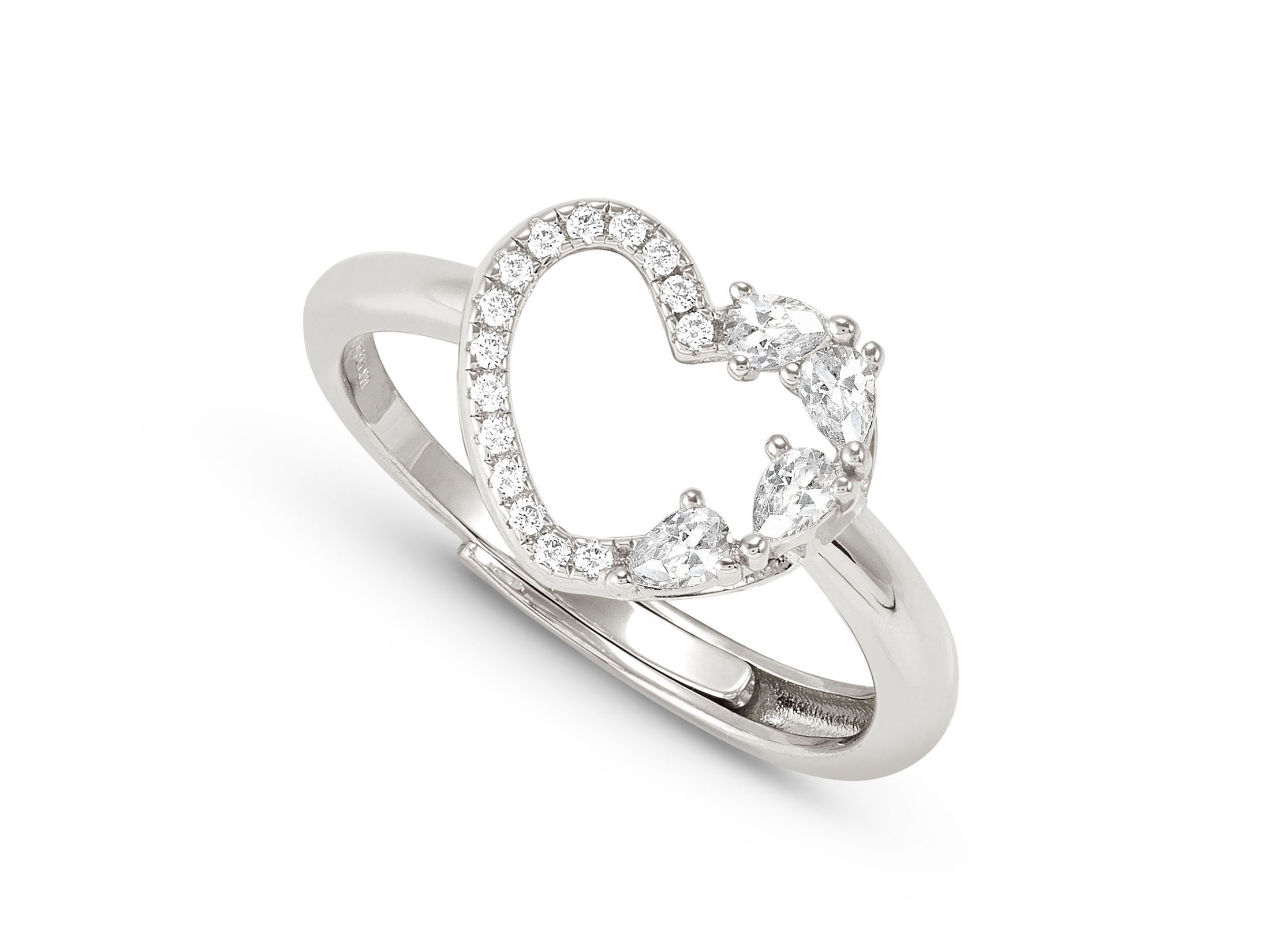 Silberner Ring in Herzform mit Zirkonia, verstellbar von Größe 51 bis 59, edel und glitzernd, ideal für besondere Anlässe, von Nomination, Neuheit.