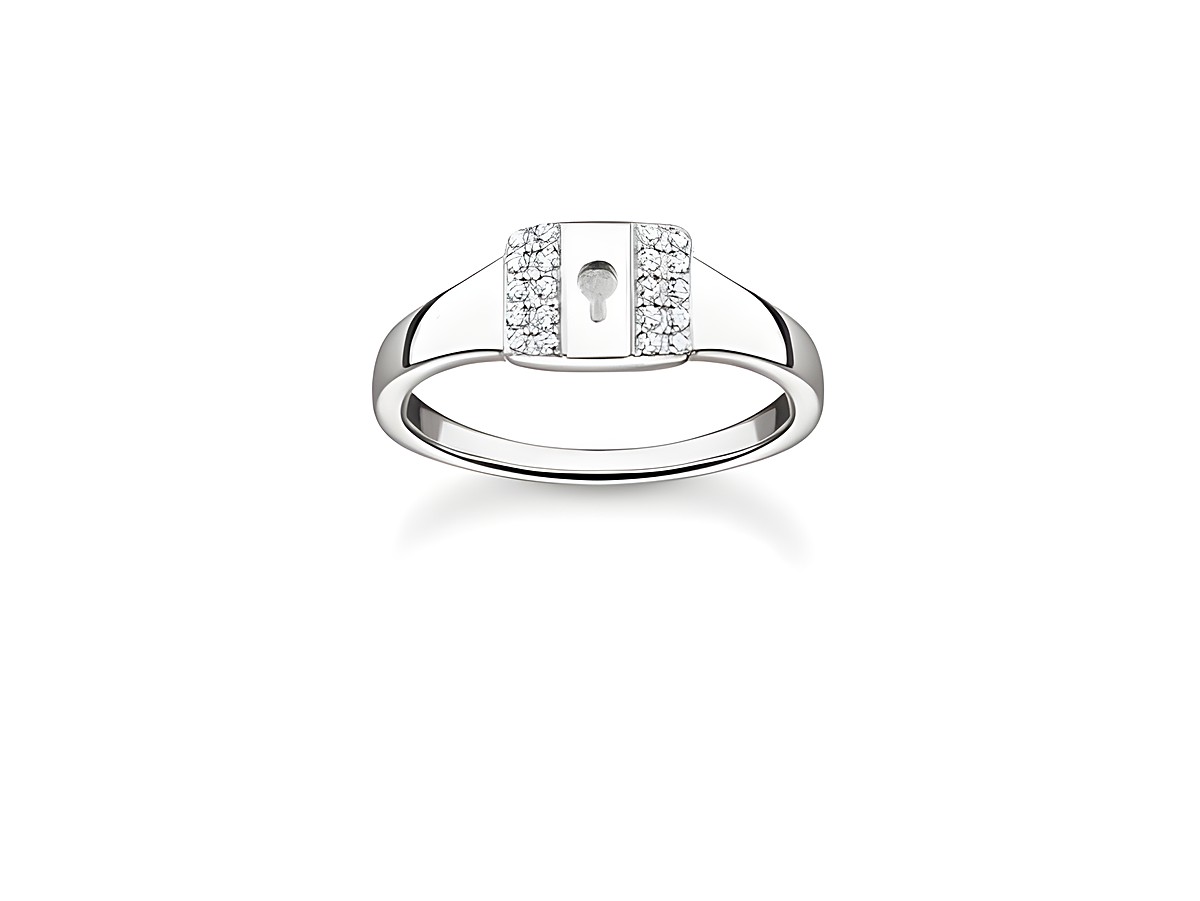 Thomas Sabo Ring TR2372-051-14-52 aus Sterling Silber mit eingebettetem weißen Zirkonia in Größe 52, elegantes Design mit auffälligem Schlüsselloch-Motiv.