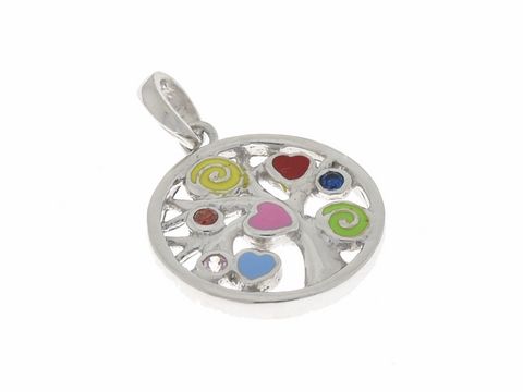 Anhänger Baum aus Silber rhodiniert mit bunten Zirkoniasteinen und lackierten Elementen in Herz- und Spiralenform, originell und stilvoll, Hersteller Juwelier Harnisch.