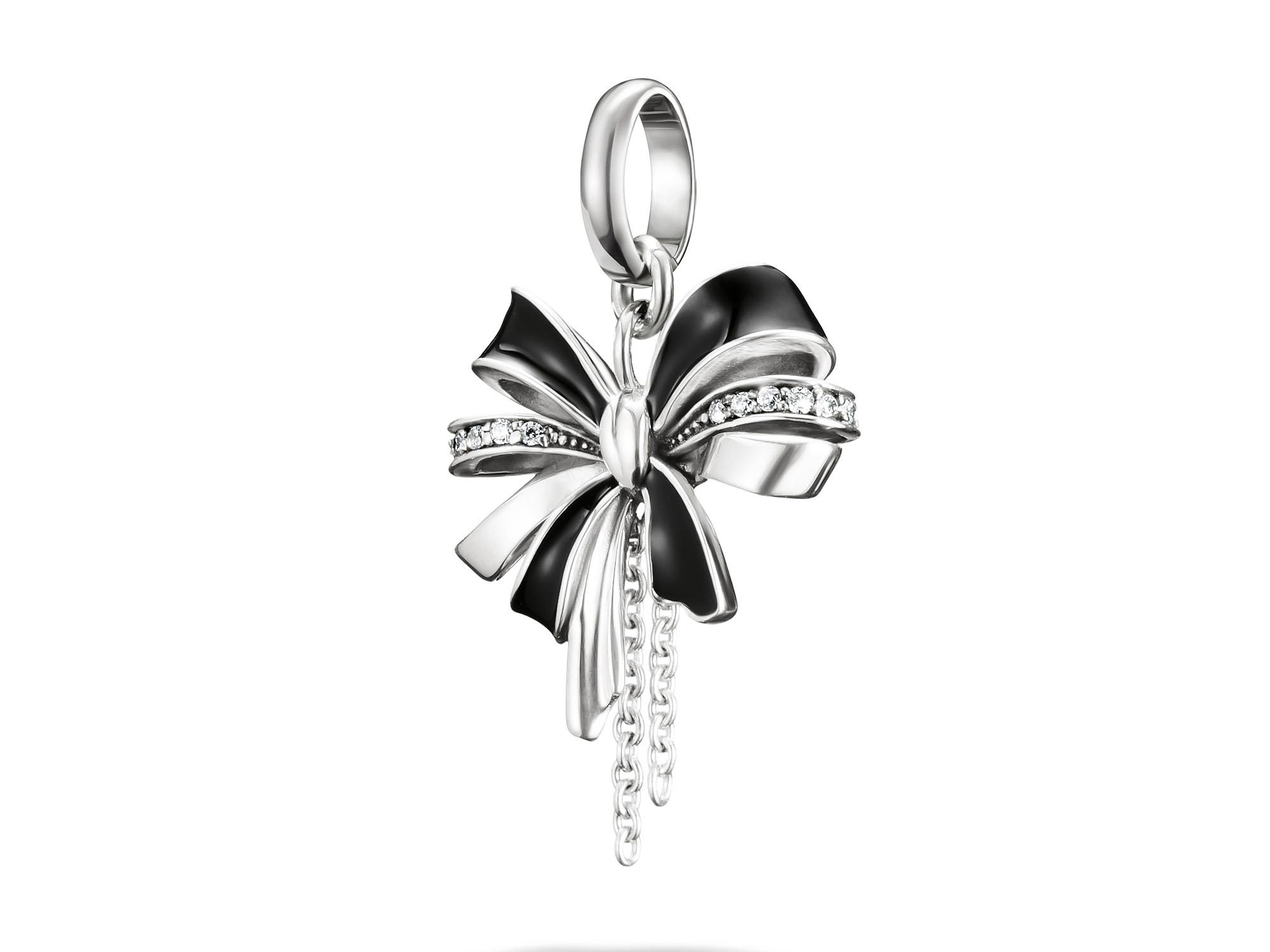 Charm von Thomas Sabo, eine schwarze Schleife aus Silber, geschwärzt mit Zirkonia-Details, elegant designt für den Charm Club CONNECT, ideal als modisches Accessoire.