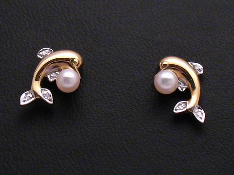 Gold Ohrringe - Gold 585 bicolor - Diamant & Zuchtperle, stilvolle Fischdesigns mit funkelnden Brillanten, hergestellt von Juwelier Harnisch, exquisit und elegant.