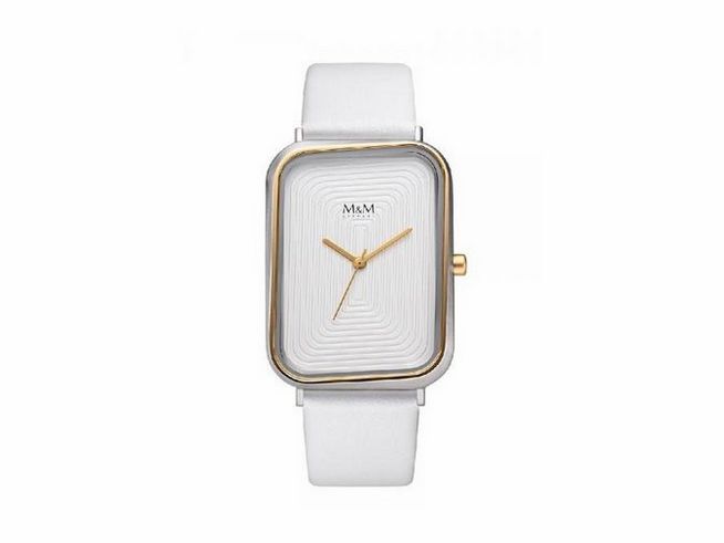 Die M&M Damenuhr M11947-757 - Dancing Square präsentiert sich mit einem eleganten, rechteckigen Ziffernblatt in Weiß und goldfarbener Umrandung sowie einem weißen Armband.