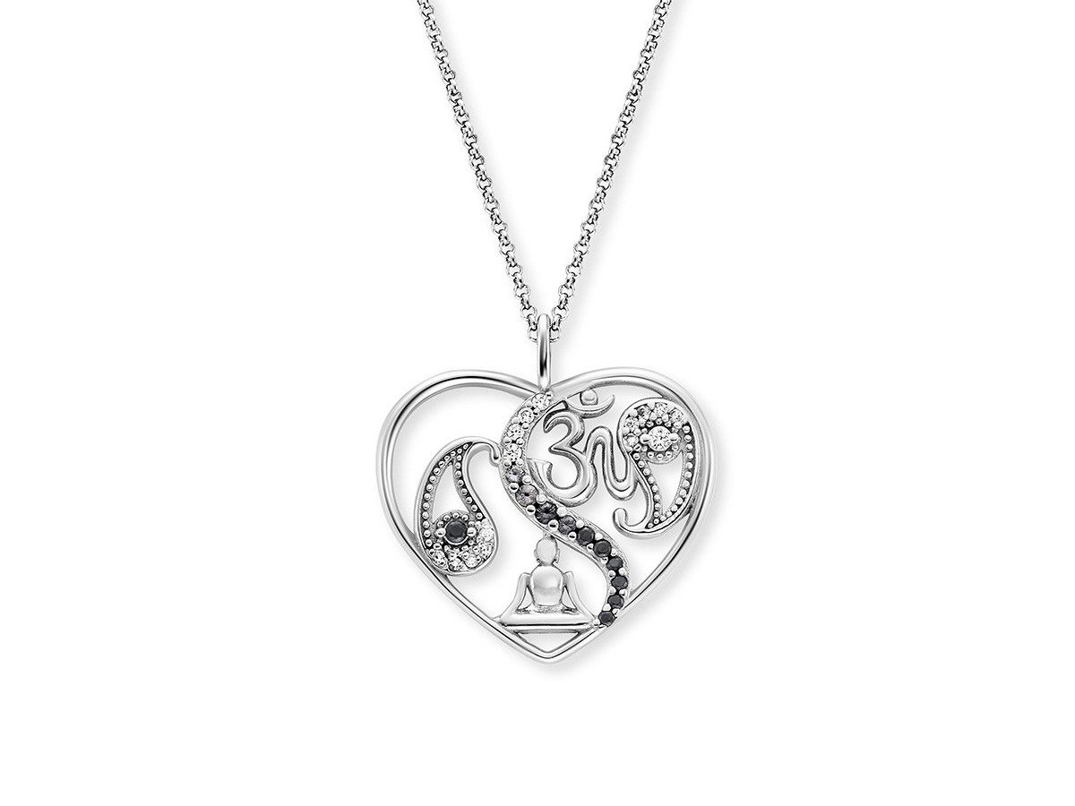 Silberne Kette mit Herzanhänger, verziert mit Zirkonia im Yin Yang Symbol und einem Meditationsmotiv, von Engelsrufer, Länge 42 plus 4 plus 4 cm.