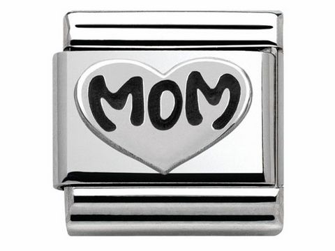 Hochwertiges Edelstahlarmband mit oxidierten Symbolen, Herzdesign und dem Schriftzug MOM, hergestellt von Nomination, ideal für persönliche Geschenke und besondere Anlässe.