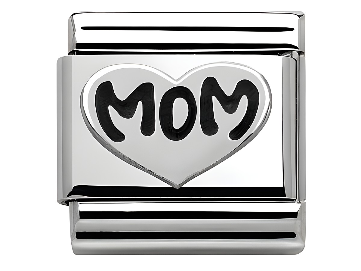 Hochwertiges Edelstahlarmband mit oxidierten Symbolen, Herzdesign und dem Schriftzug MOM, hergestellt von Nomination, ideal für persönliche Geschenke und besondere Anlässe.