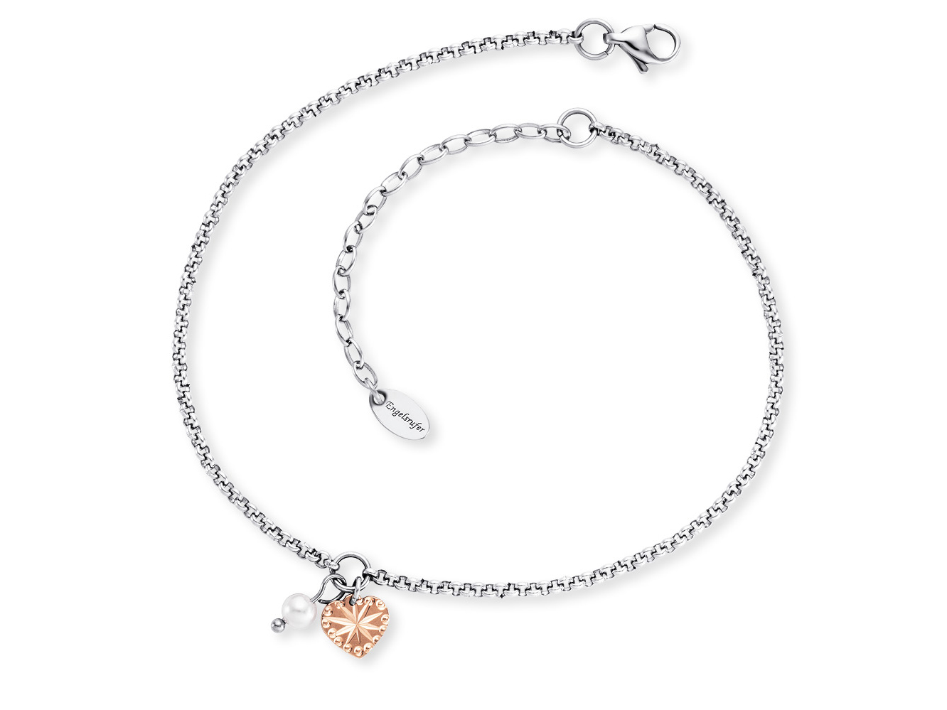 Engelsrufer ERFS-LILHEART-PE-BI FUßKETTE Fußkettchen Herz mit Perle Bicolor - Edelstahl & Zuchtperle Weiß 22 cm Bicolor Fußkette aus Edelstahl mit einer Zuchtperle und einem Herzanhänger in Roségold, 22 cm lang, von der Marke Engelsrufer. Elegant und modern, ideal als Schmuckstück.