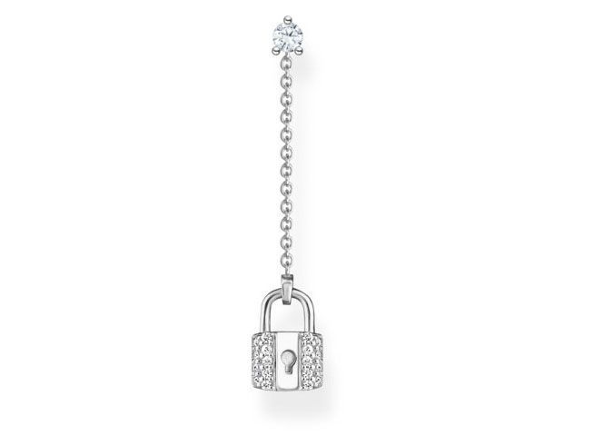 Thomas Sabo Ohrring H2213-051-14 aus Sterling Silber mit weißem Zirkonia, zeigt einen eleganten Anhänger in Form eines Schlosses, dekoriert mit funkelnden Steinen.