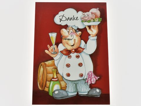 Ein fröhlicher Koch hält ein Sektglas in der einen und einen Teller mit einem Schwein in der anderen Hand. Im Hintergrund ist ein Fass und eine Flasche Sekt zu sehen. Die Karte zeigt das Wort Danke.