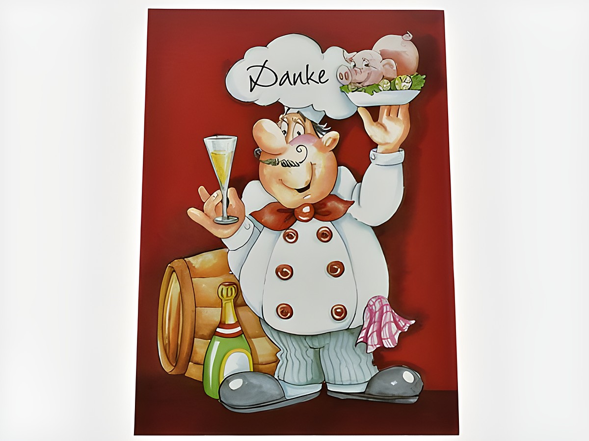 Ein fröhlicher Koch hält ein Sektglas in der einen und einen Teller mit einem Schwein in der anderen Hand. Im Hintergrund ist ein Fass und eine Flasche Sekt zu sehen. Die Karte zeigt das Wort Danke.
