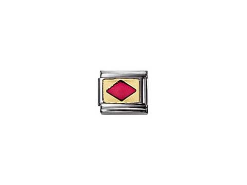 Ein emailliertes Schmuckelement von Nomination in der Farbe Rot. Das Design zeigt ein rotes rhombusförmiges Symbol auf gelbem Hintergrund, umrahmt von Silber.