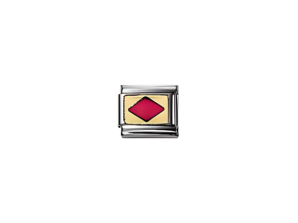 Ein emailliertes Schmuckelement von Nomination in der Farbe Rot. Das Design zeigt ein rotes rhombusförmiges Symbol auf gelbem Hintergrund, umrahmt von Silber.