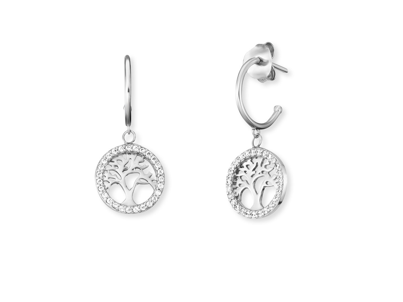 Engelsrufer ERE-LILTREE-ZI-CR LEBENSBAUM Creole mit Zirkonia - Silber rhod. C 12 | A 10,9 mm Silberne Ohrringe von Engelsrufer mit Lebensbaum-Motiv, umgeben von Zirkonia, rhodiniert, Durchmesser 10,9 mm, elegant im Design, ideal für jeden Anlass.
