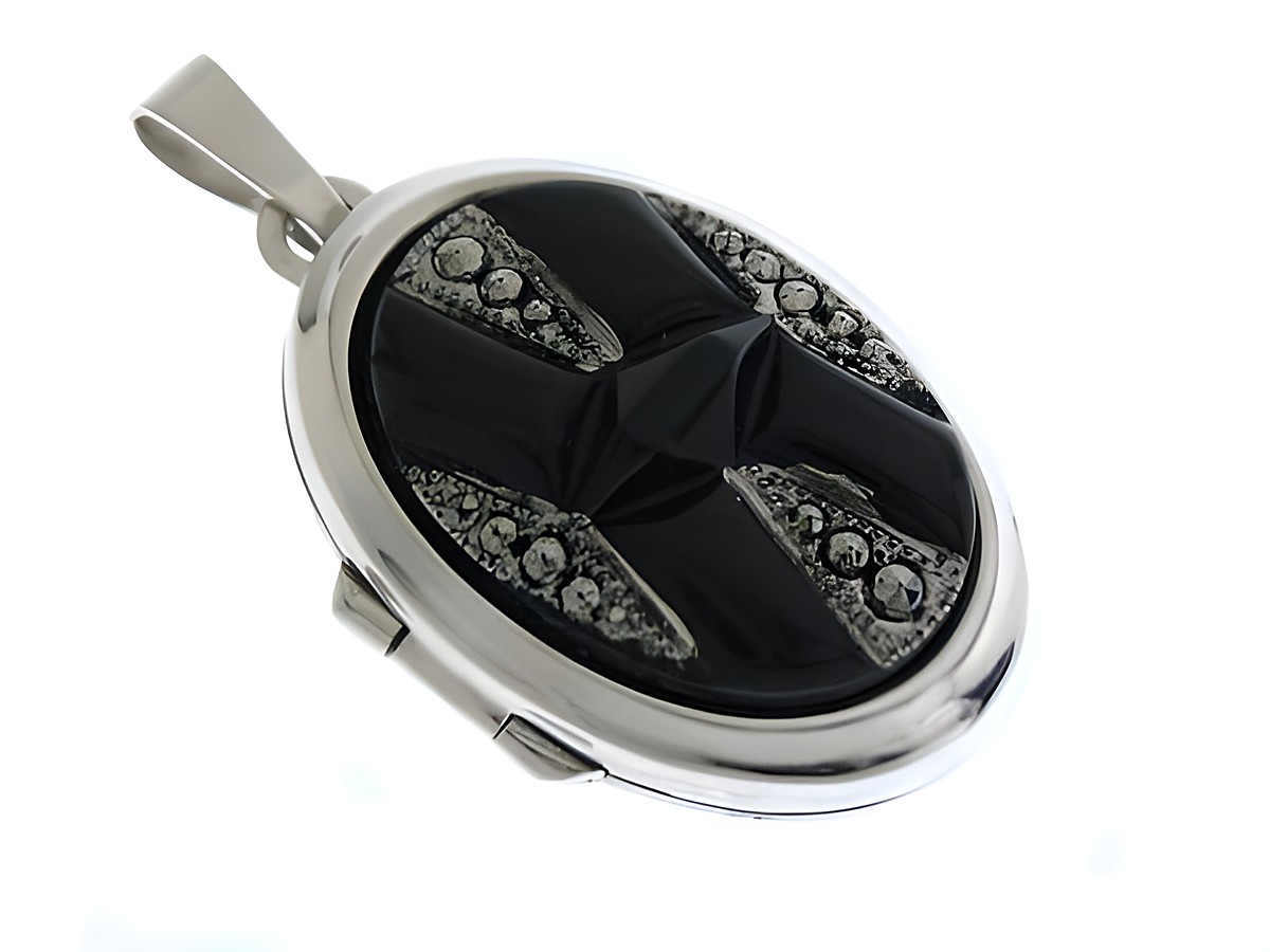 Ein elegantes schwarzes Medaillon mit Cabochon aus rhodiniertem Sterling Silber, verziert mit funkelnden Steinen und einem kunstvollen Design. Ideal für jeden Anlass.