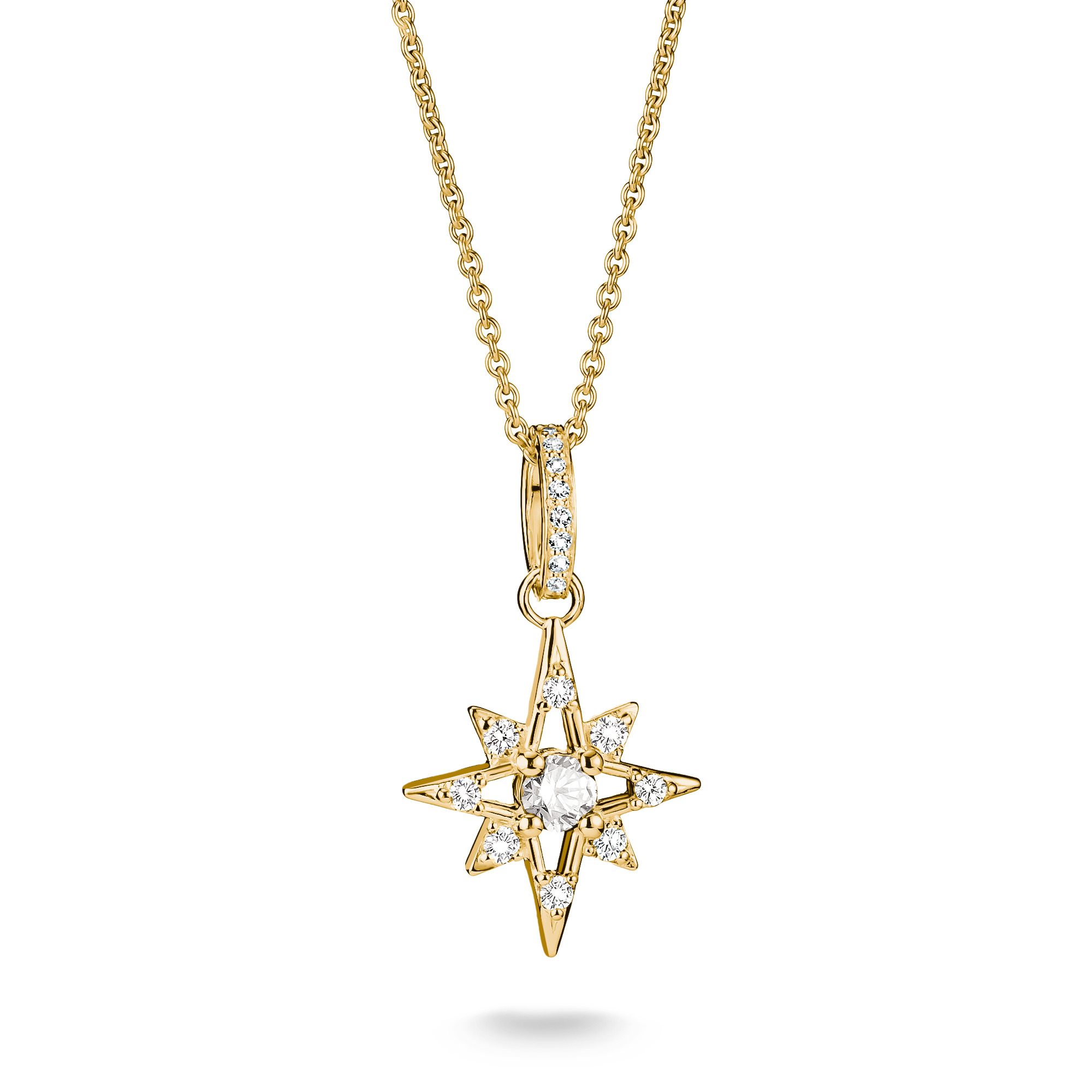 Eine filigrane Kette aus 18k Gelbgold Vergoldung mit einem Sternanhänger, besetzt mit funkelndem Zirkonia, perfekt für jeden Anlass und ein echtes Schmuckhighlight.
