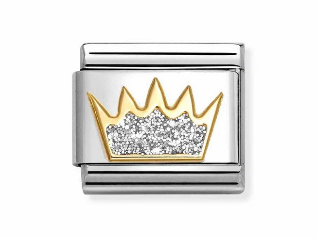 Ein elegantes Schmuckstück von Nomination mit einem Design einer Krone in Gold und Emaille, ergänzt durch funkelnde Akzente, gefertigt aus Silber und Edelstahl.