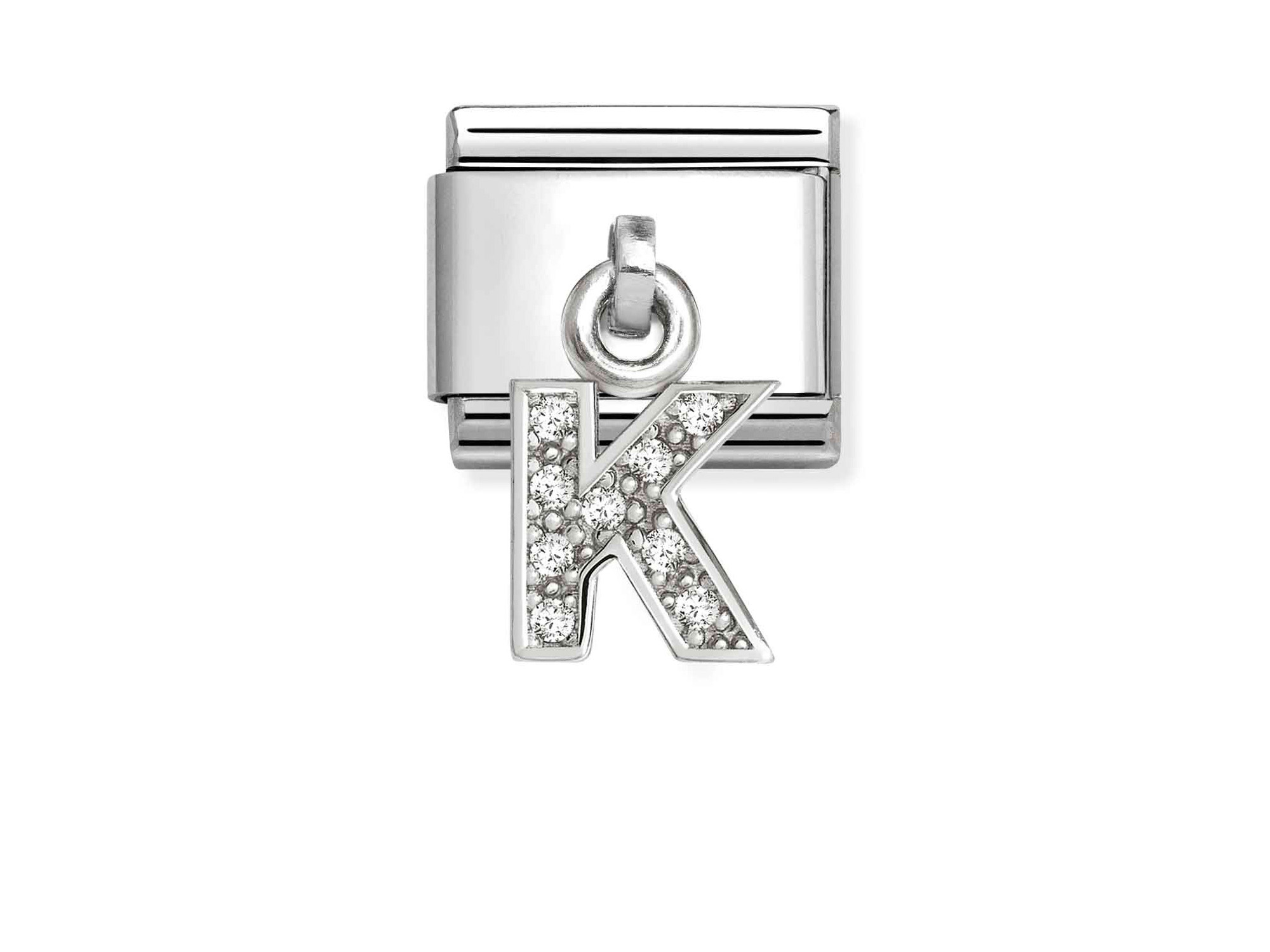Sterling Silber Charm mit dem Buchstaben K, verziert mit Zirkonia, passend für Armbänder, Hersteller ist Pandora, Artikelnummer ist 331818 11, neu und glänzend.