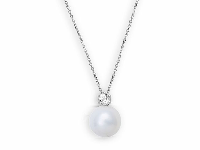 Xenox Weißgold Kette XG4305 - 42 cm mit einer eleganten Perle und edlem Anhänger aus 375 Weißgold, ideal für besondere Anlässe und als zeitloses Schmuckstück.