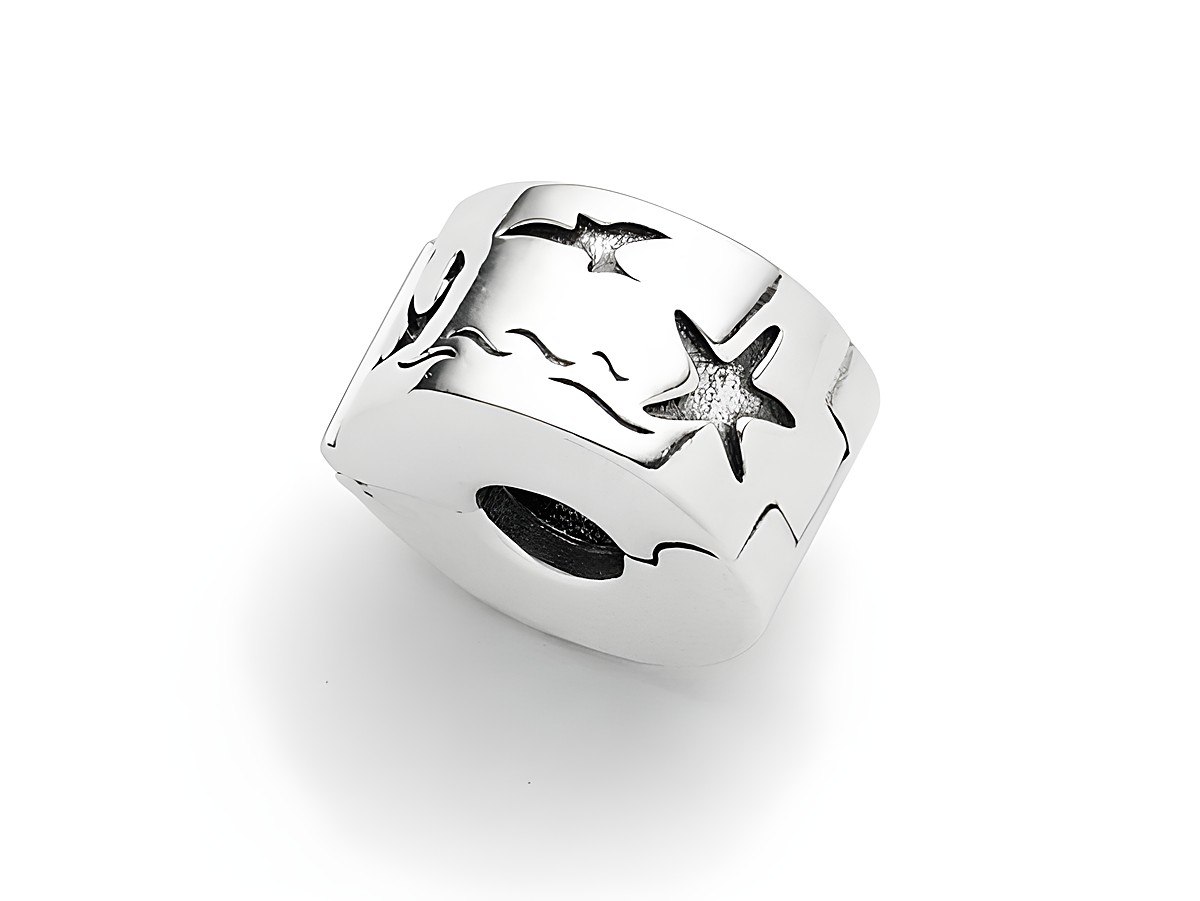 Sterling Silber Bead Clip von DUR mit rhodiniertem Finish, gestaltet mit verschiedenen Sternen und wellenförmigen Mustern, ideal für DUR Armbänder.