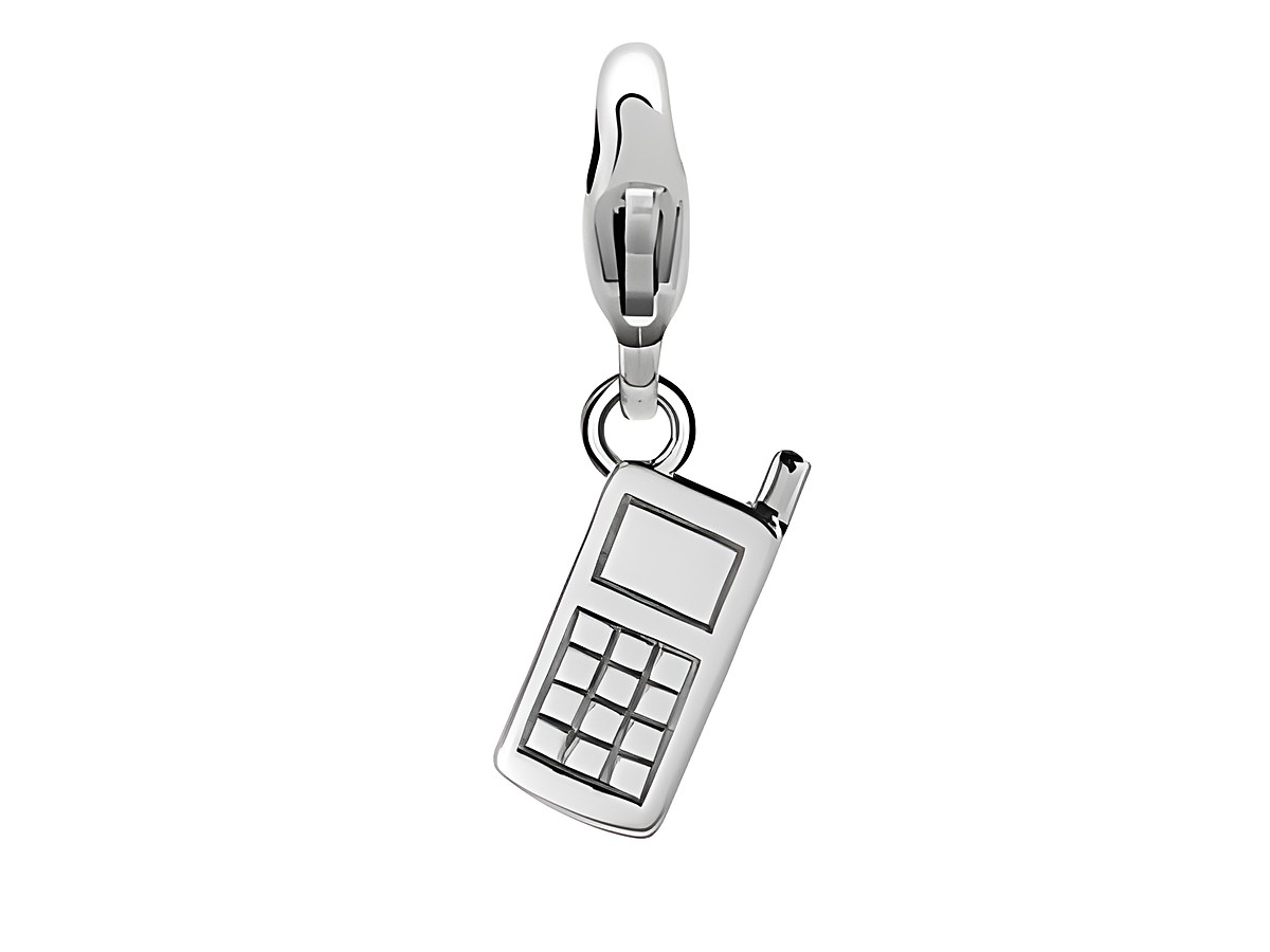 Silber Charm in Form eines Handys mit Karosstaster, ideal für Ti Sento Ringe, kunstvoll gefertigt und glänzendes Finish. Beitrag zu einem modernen Schmuckdesign.