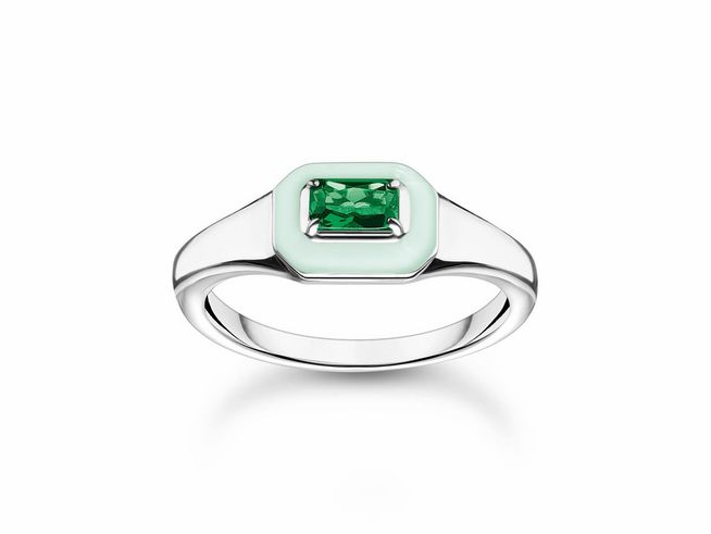 Thomas Sabo Ring aus Silber mit grünem Oktagon-Glas-Keramik Stein und Emaille in Größe 52, modern und elegant, ideal für besondere Anlässe.