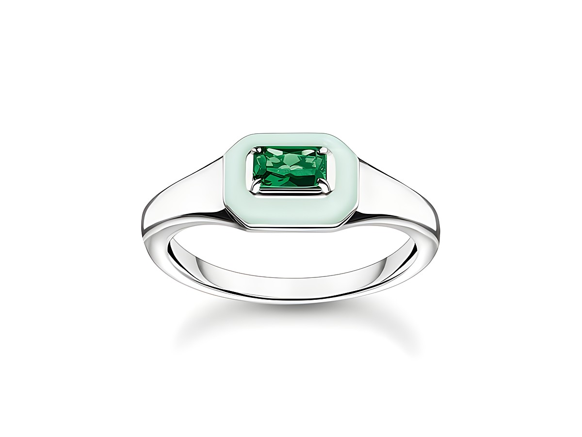 Thomas Sabo Ring aus Silber mit grünem Oktagon-Glas-Keramik Stein und Emaille in Größe 52, modern und elegant, ideal für besondere Anlässe.