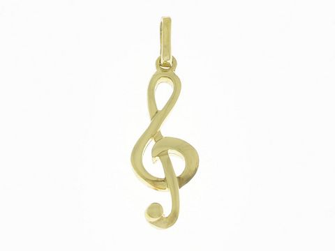 Goldanhänger in Form eines Notenschlüssels, gefertigt von Juwelier Harnisch, ideal für Musikfans und als stilvolles Schmuckstück zur persönlichen Note.