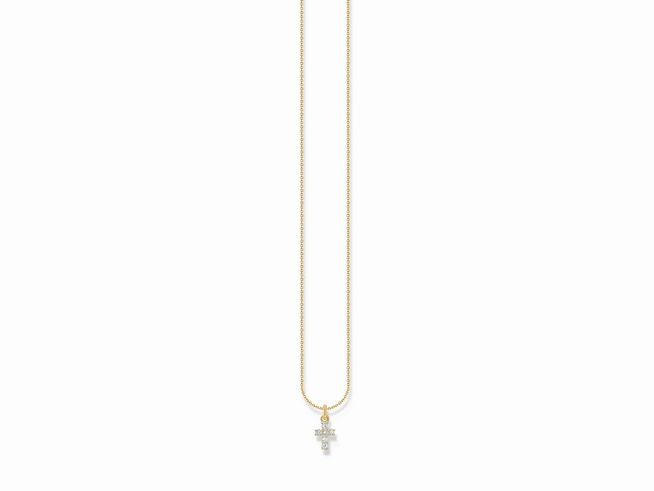 Kette von Thomas Sabo mit Kreuzanhänger aus vergoldetem Silber und Zirkonia in Weiß, verstellbar von 38 bis 45 cm, elegantes Design für jeden Anlass.