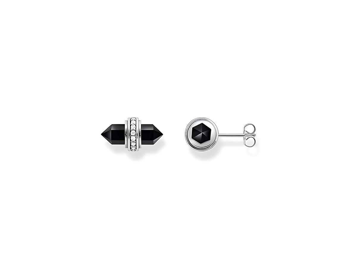 Ohrstecker von Thomas Sabo mit Kristall, Onyx und Zirkonia in Schwarz, aus geschwärztem Silber, bestehend aus zwei verschiedenen Designs, elegant und modern.