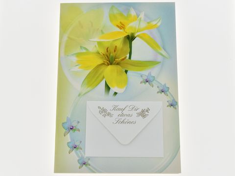 Geldgeschenkkarte mit Blütenmotiv und kleiner Umschlag für Geldgeschenk, Hersteller Juwelier Harnisch, verziert mit gelben Blumen und blauen Akzenten.