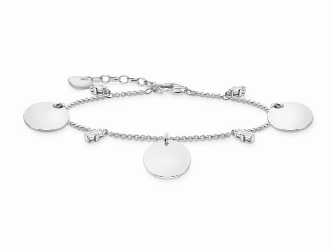 Armband von Thomas Sabo aus Silber mit verschiedenen, schlichten runden Anhängern, verstellbar von 16 bis 19 cm, stilvoll und elegant für jeden Anlass.