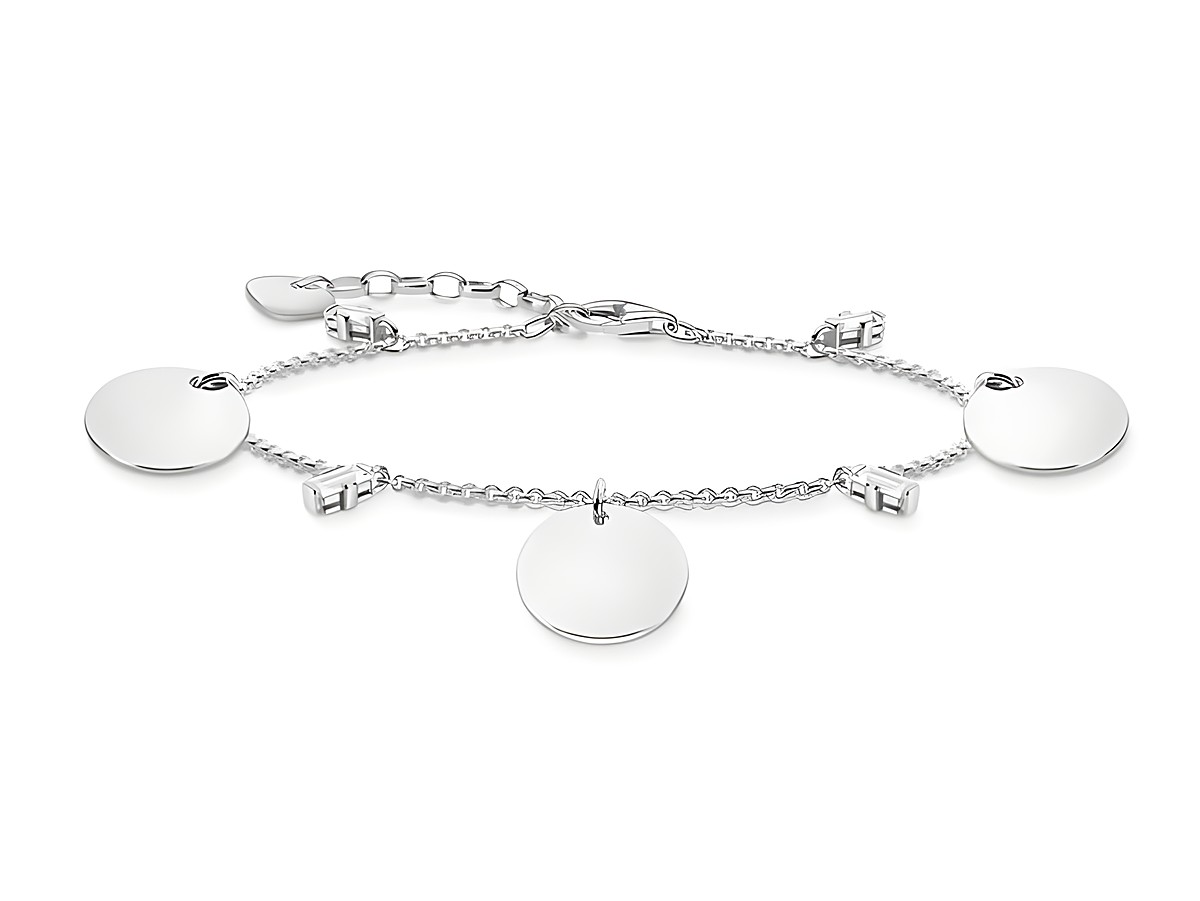 Armband von Thomas Sabo aus Silber mit verschiedenen, schlichten runden Anhängern, verstellbar von 16 bis 19 cm, stilvoll und elegant für jeden Anlass.