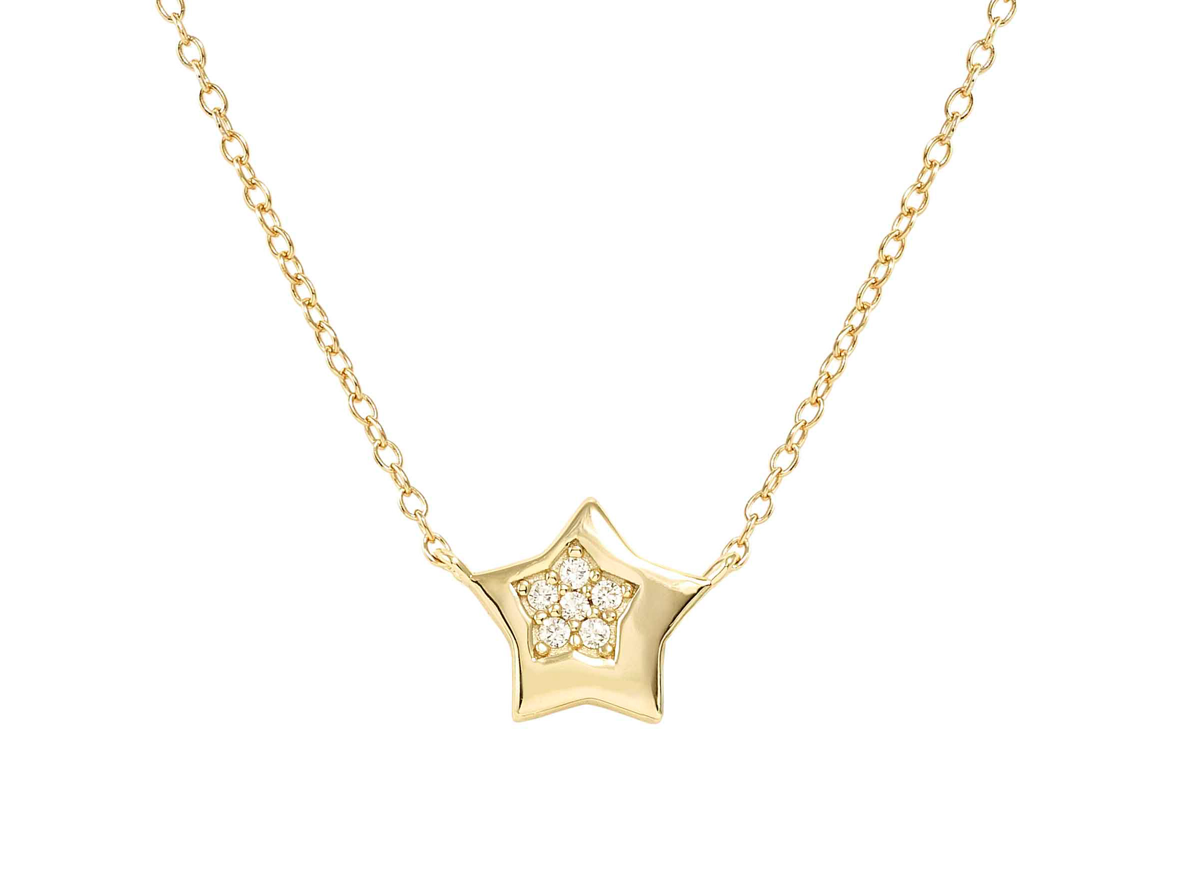 Die Sterling Silber Halskette von Pandora zeigt einen goldenen Stern mit Zirkonia-Steinen, die zwischen 38 und 44 cm verstellbar ist, und wirkt elegant und funkelnd.