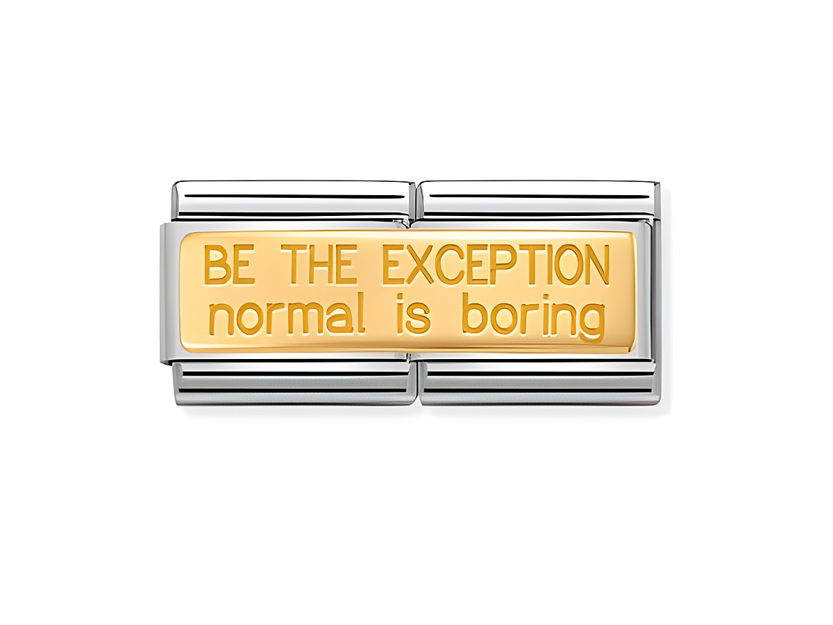 Ein modernes Armbandglied aus Edelstahl mit einer goldenen Platte, die die Inschrift "BE THE EXCEPTION normal is boring" trägt. Hersteller ist Nomination, Modell Classic - Gold 030710 23.