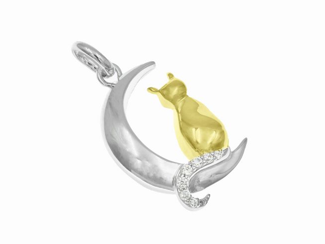 Anhänger in Form eines Mondes mit einer sitzenden Katze, die teilweise vergoldet ist, aus rhodiniertem Sterling Silber, verziert mit kleinen Zirkoniasteinen.