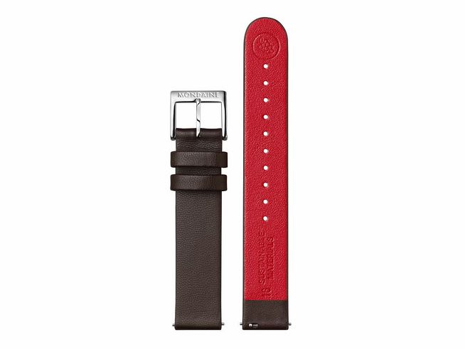 Lederarmband FGM.3116.70Q.K von Mondaine aus veganem Traubenleder in Braun, 16 mm breit, mit silberner Schließe und roter Innenseite, geeignet als Ersatz für Uhren.