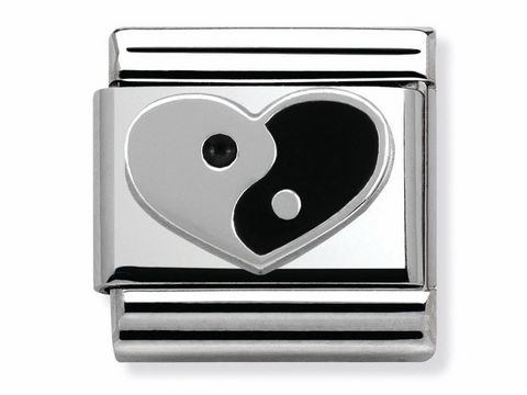 Edelstahl Email Sterling Silber Herz Yin Yang von Nomination, stilvolles Charm mit zwei Farben in Herzform, symbolisiert Balance und Harmonie in einem modernen Design.