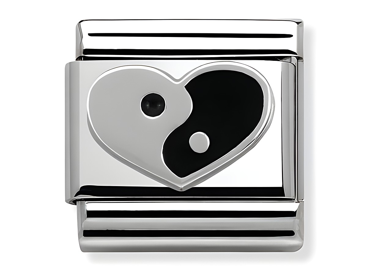 Edelstahl Email Sterling Silber Herz Yin Yang von Nomination, stilvolles Charm mit zwei Farben in Herzform, symbolisiert Balance und Harmonie in einem modernen Design.