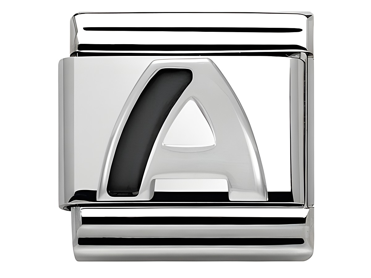 Buchstabe A aus Emaille in klassischem Silberdesign von Nomination, Modell Classic SilverShine, mit klaren Linien und glänzender Oberfläche, geeignet für individuelle Schmuckstücke.
