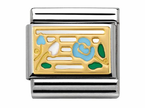 Classic PLAETTCHEN mit Rosen auf Notenlinien in Emaille und Gold, präsentiert ein elegantes Design mit floralen Motiven und harmonischen Farben auf einem silbernen Grund.