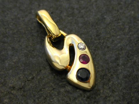 Gold Anhänger mit Saphir und Rubin, Gold 585, 18 mm, Hersteller Juwelier Harnisch, verziert mit Zirkonia, elegantes Design und hochwertige Verarbeitung.