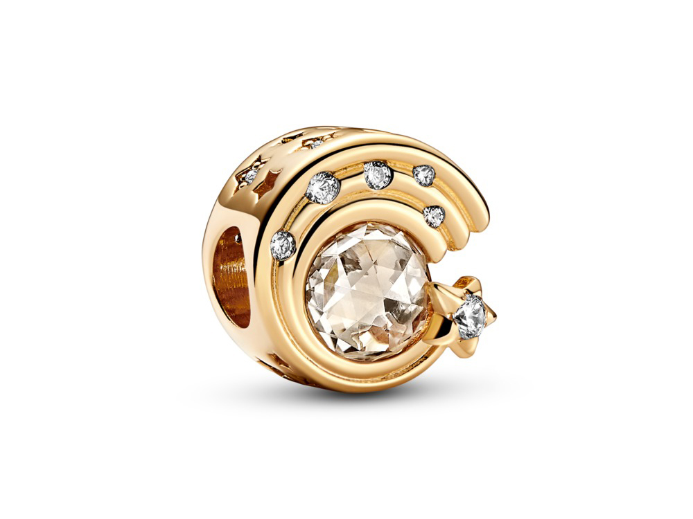 Charm von Pandora mit der Form einer Sternschnuppe, vergoldet mit Gelbgold und besetzt mit funkelnden Zirkonia-Steinen, ideal für Schmuckliebhaber.