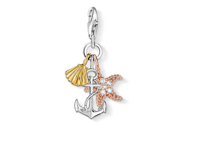 Anhänger von Thomas Sabo mit Anker, Seestern und Muschel aus Silber und vergoldetem Gelb- und Roségold, besetzt mit Zirkonia, Bicolor-Design, Stilvoll und maritim.
