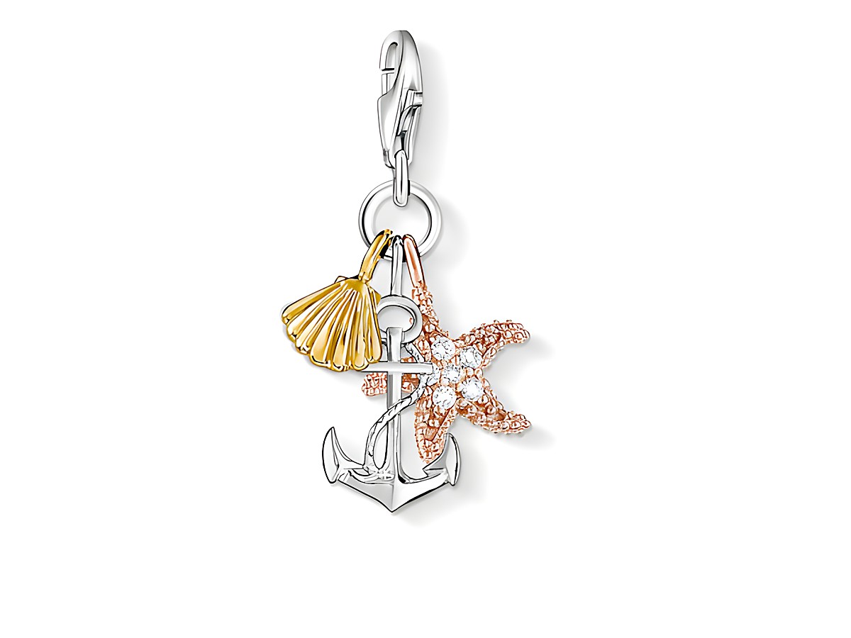 Anhänger von Thomas Sabo mit Anker, Seestern und Muschel aus Silber und vergoldetem Gelb- und Roségold, besetzt mit Zirkonia, Bicolor-Design, Stilvoll und maritim.