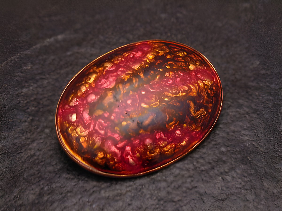Brosche TRIBAL aus Emaille in vergoldeter Ausführung, vintage Design, hergestellt von Juwelier Harnisch, mit farbenfrohem, ornamentalen Muster in Rot- und Goldtönen.