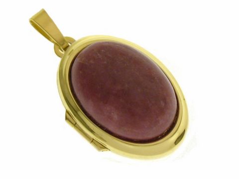 Rhodonit Medaillon aus Gold 585 mit ovalem Cabochon in zarter rosa Farbe, hergestellt von Juwelier Harnisch, ideal für stilvolle Akzente.