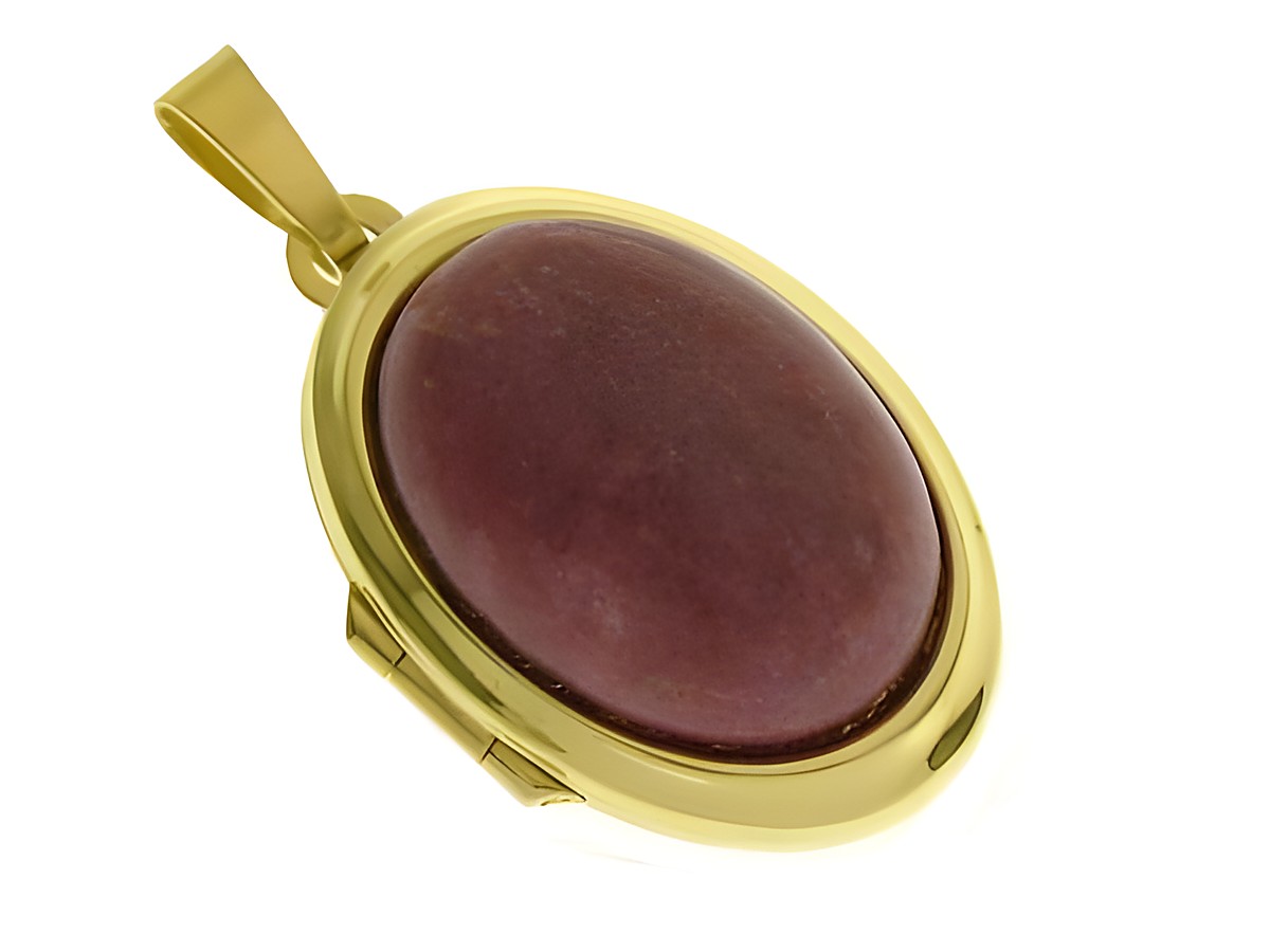 Rhodonit Medaillon aus Gold 585 mit ovalem Cabochon in zarter rosa Farbe, hergestellt von Juwelier Harnisch, ideal für stilvolle Akzente.