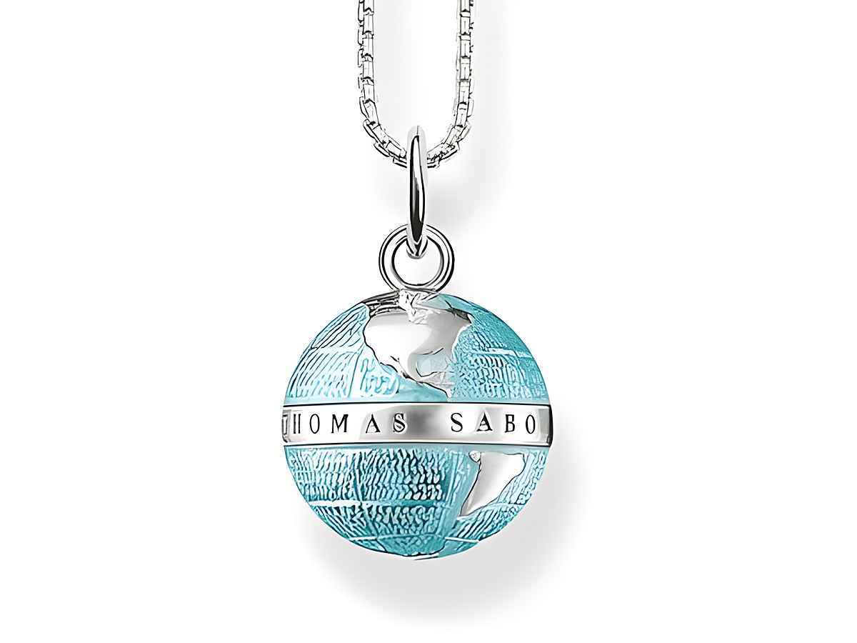 Kette aus 925 Sterlingsilber mit Anhänger in Form einer Weltkugel, in Kaltemail blau, Hersteller Thomas Sabo, Länge ca. 38/40/42 cm.