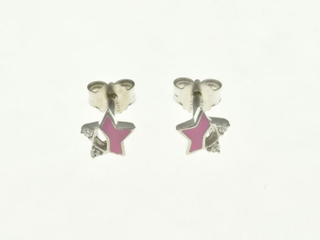 304263-0 Stern Ohrstecker aus rhodiniertem Sterling Silber mit Zirkonia und pinkfarbener Emaille, geeignet für Kinder, hergestellt von Juwelier Harnisch.