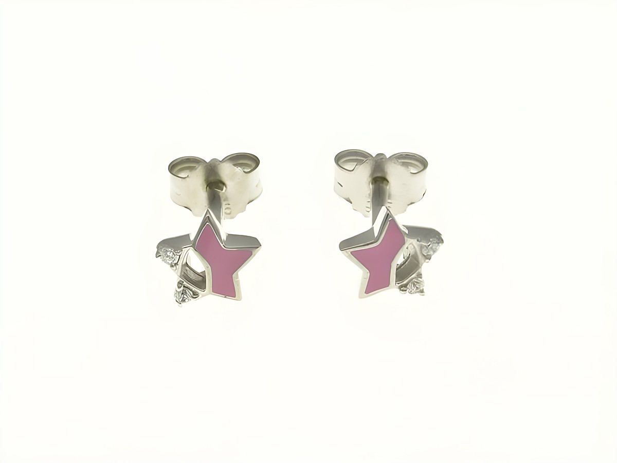 Stern Ohrstecker aus rhodiniertem Sterling Silber mit Zirkonia und pinkfarbener Emaille, geeignet für Kinder, hergestellt von Juwelier Harnisch.