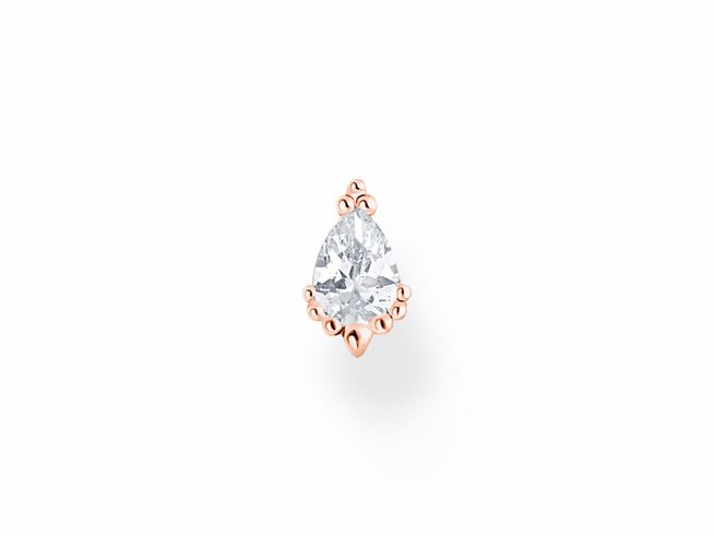 Ein einzelner Ohrstecker aus Sterling Silber, vergoldet in Roségold, mit einem Zirkonia-Stein in Tropfenform, kunstvoll in Fassung gebracht.
